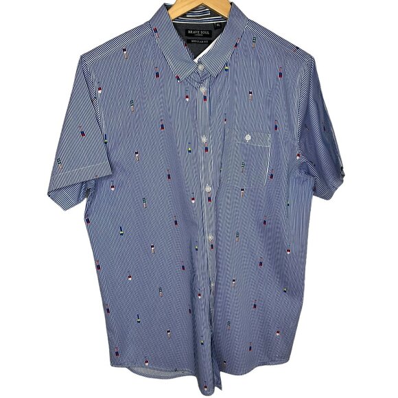 Brave Soul Top Mens XL Button Down Shirt Short Sleeve Blue Striped Work Casual - Picture 1 of 12